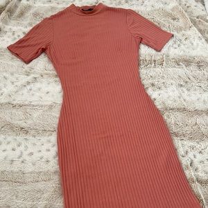Ribbed Bodycon Turtleneck Fitted Dress w Open Back